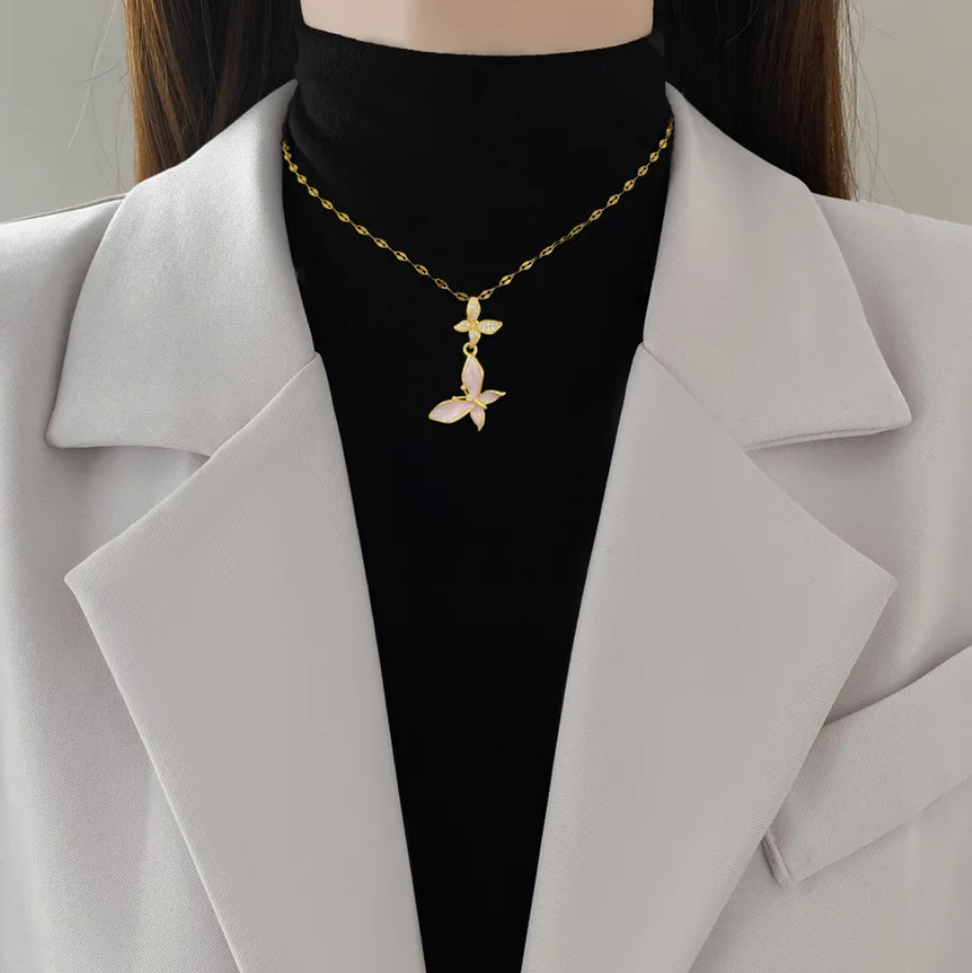 Colar de Senhora em Aço Inoxidável 316L, Duas Borboletas