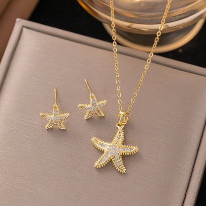 Conjunto de Colar e Brincos em Aço Inoxidável 316L de Estrela-do-Mar Dourados