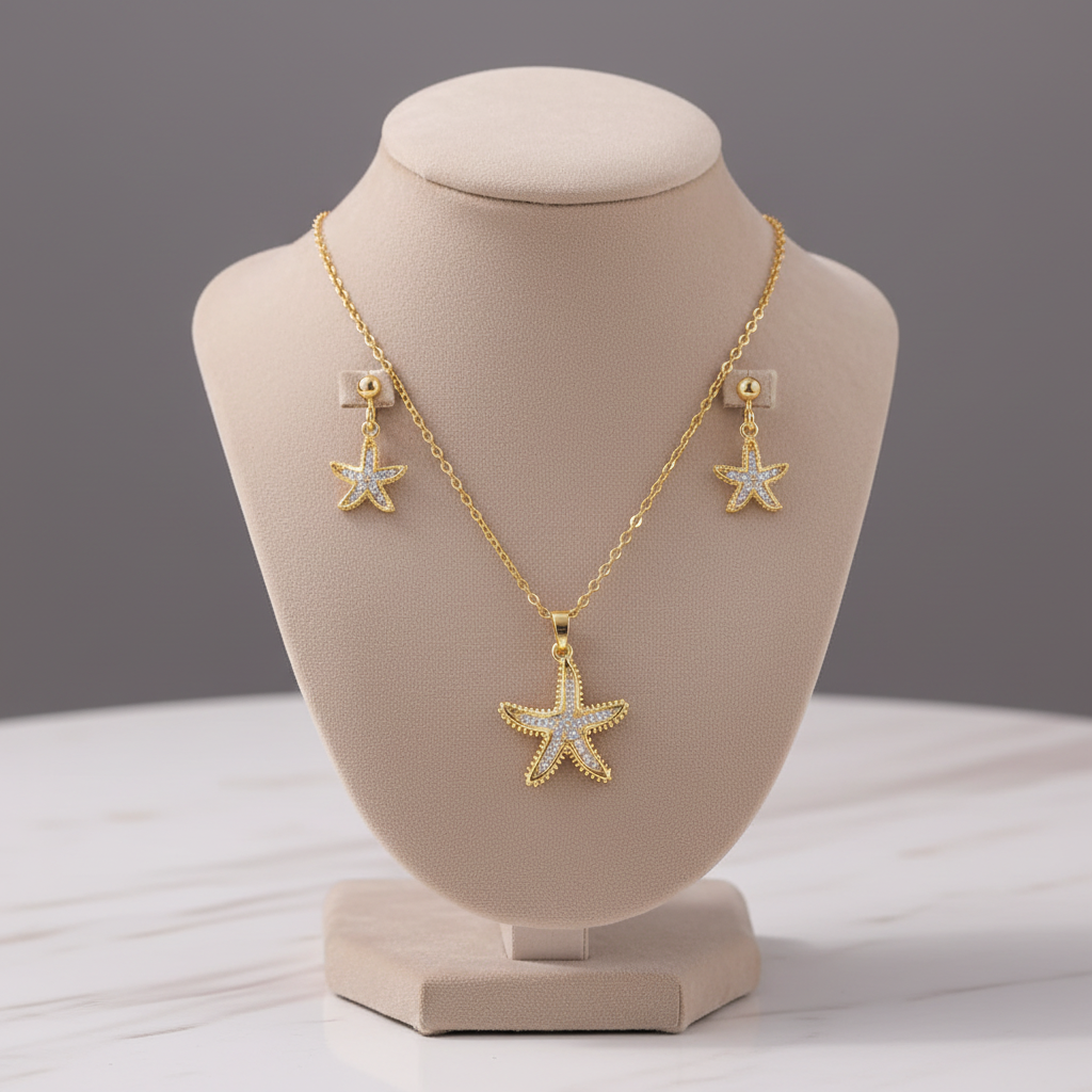 Conjunto de Colar e Brincos em Aço Inoxidável 316L de Estrela-do-Mar Dourados