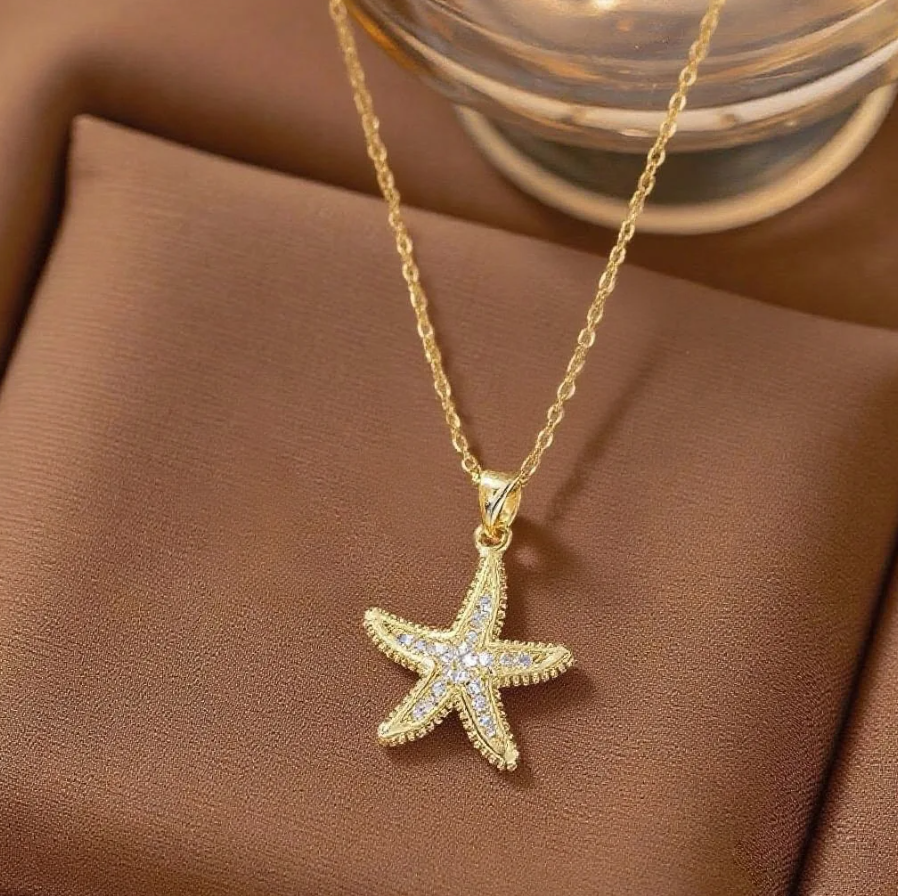 Conjunto de Colar e Brincos em Aço Inoxidável 316L de Estrela-do-Mar Dourados