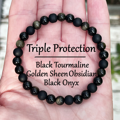 Pulseira Tripla Proteção com Pedra Turmalina, Obsidania E Onix Preto