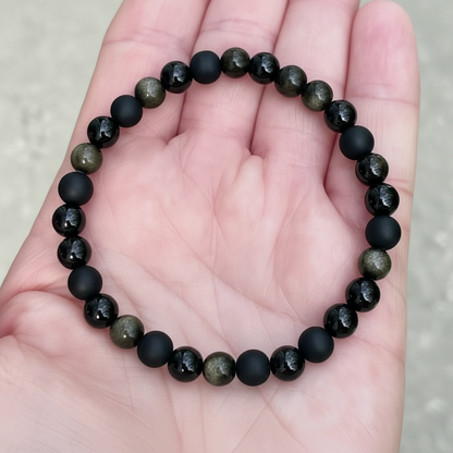 Pulseira Tripla Proteção com Pedra Turmalina, Obsidania E Onix Preto