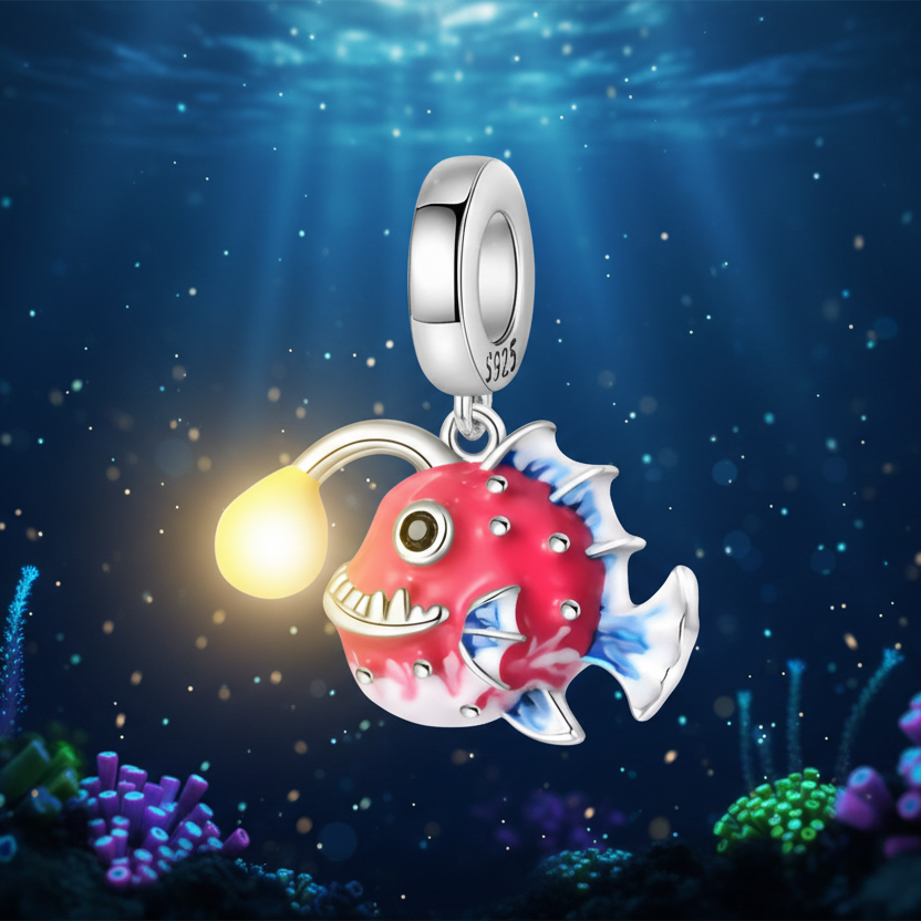 Conta em Prata 925, Peixe Pescador que Brilha no Escuro