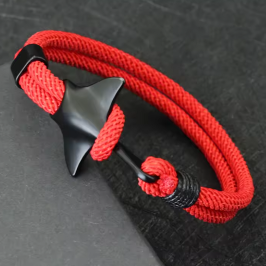 Pulseira com Corda Dupla Vermelha, Pingente Raia-Manta Preta