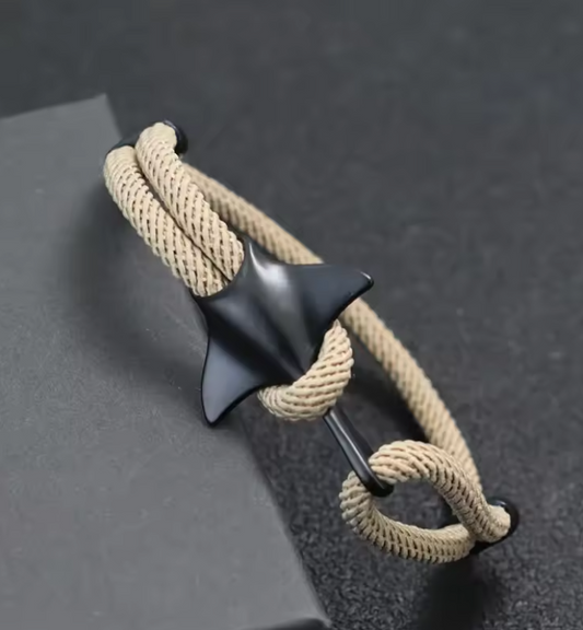 Pulseira com Corda Dupla Cáqui, Pingente Raia-Manta Preta