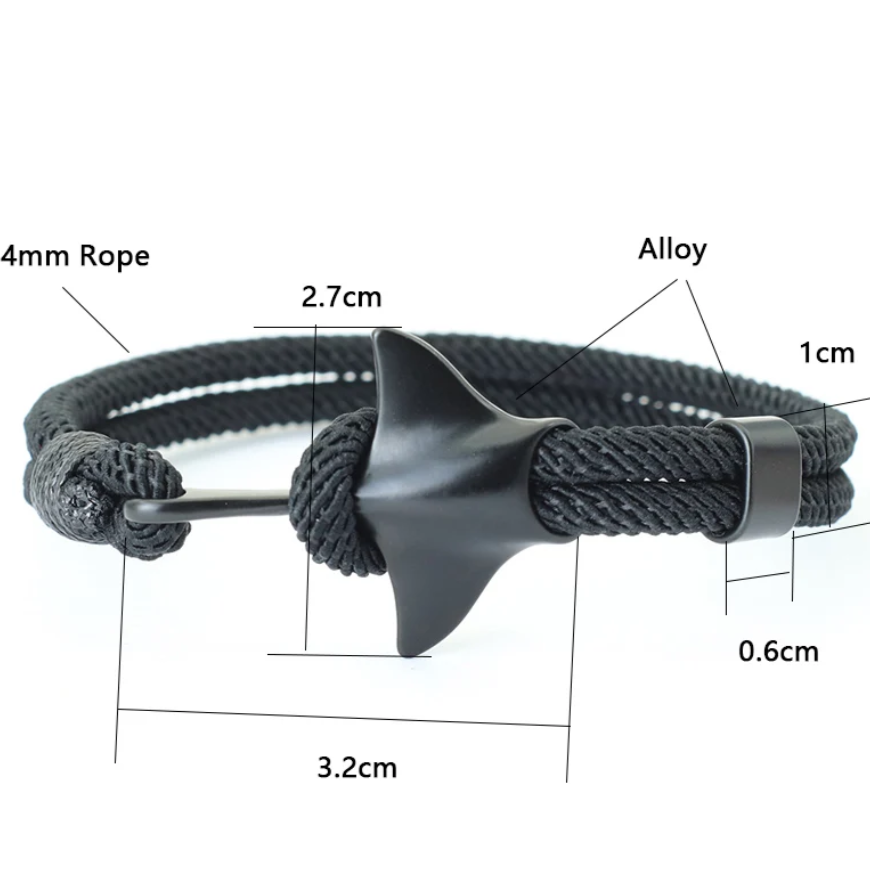Pulseira com Corda Dupla, Pingente Raia-Manta Preta
