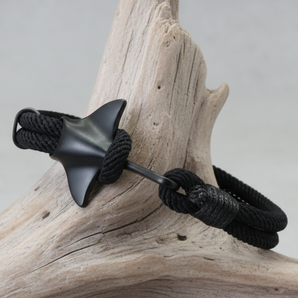 Bracelet double cordon, pendentif raie manta noire