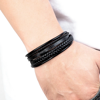 Pulseira de Homem em Couro Multicamadas Fivela em Aço Inoxidável, Preta
