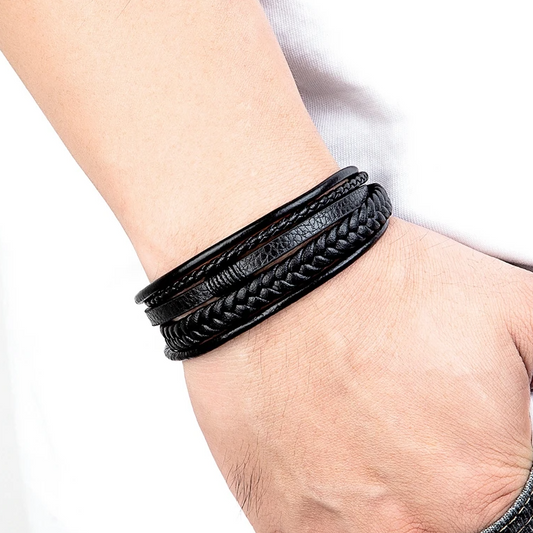 Pulseira de Homem em Couro Multicamadas Fivela em Aço Inoxidável, Preta