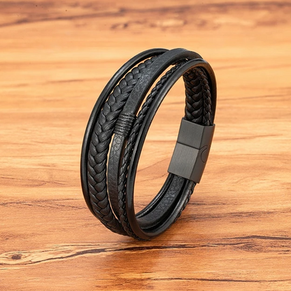 Pulseira de Homem em Couro Multicamadas Fivela em Aço Inoxidável, Preta