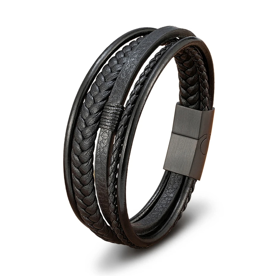 Pulseira de Homem em Couro Multicamadas Fivela em Aço Inoxidável, Preta