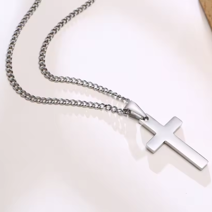 Colar de Homem em Aço Inoxidável com Pingente Cruz, Prata