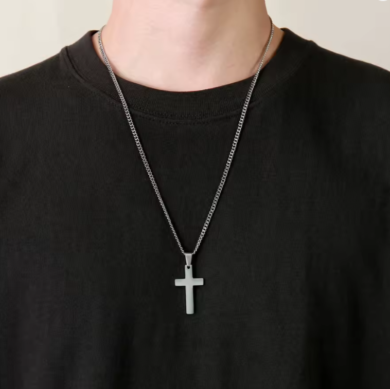 Colar de Homem em Aço Inoxidável com Pingente Cruz, Prata