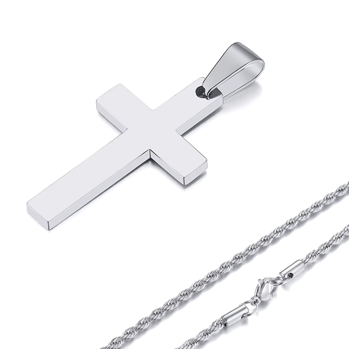 Men's Stainless Steel Necklace with Cross Pendant, Silver