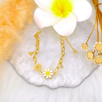 Pulseira de Senhora em Aço Inoxidável, Corrente Banhada em Ouro 18K, Malmequer