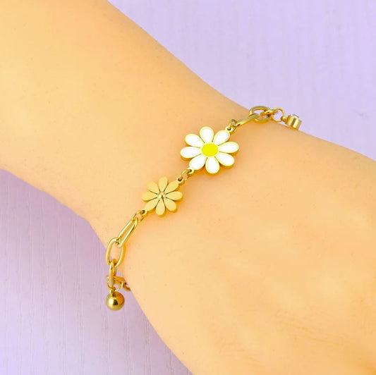 Pulseira de Senhora em Aço Inoxidável, Corrente Banhada em Ouro 18K, Malmequer