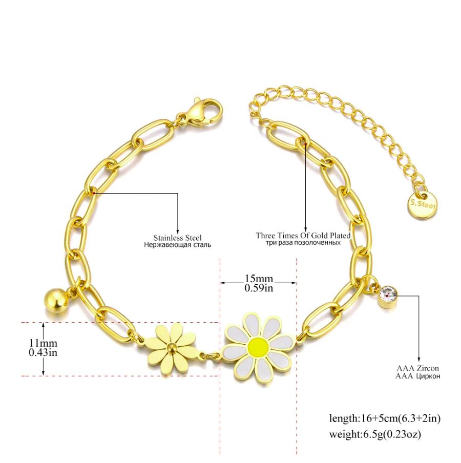 Pulseira de Senhora em Aço Inoxidável, Corrente Banhada em Ouro 18K, Malmequer