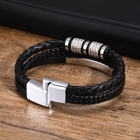Pulseira de Couro Preto Trançado Personalizada em Aço Inoxidável Prata com Santa Maria, Açores