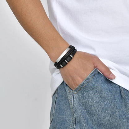 Pulseira de Couro Preto Trançado Personalizada em Aço Inoxidável Prata com Santa Maria, Açores