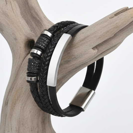 Pulseira Masculina Couro & Aço 316L - Santa Maria Edition