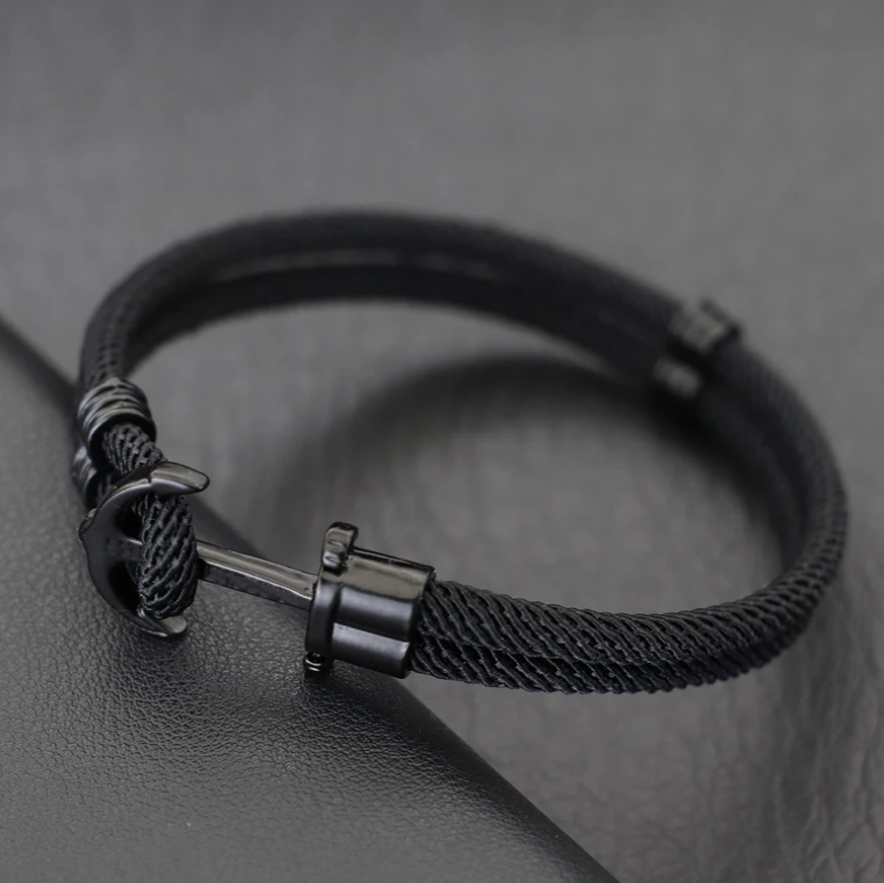 Pulseira com Corda Dupla, Pingente Âncora Preta