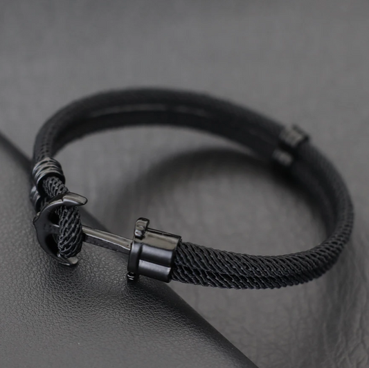 Pulseira com Corda Dupla, Pingente Âncora Preta
