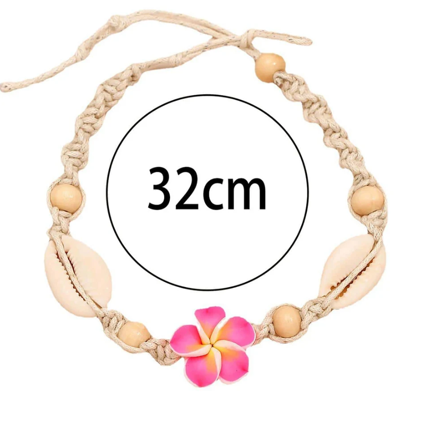 Pulseira de Tornozelo em Tecelagem Artesanal, Flor e Conchas