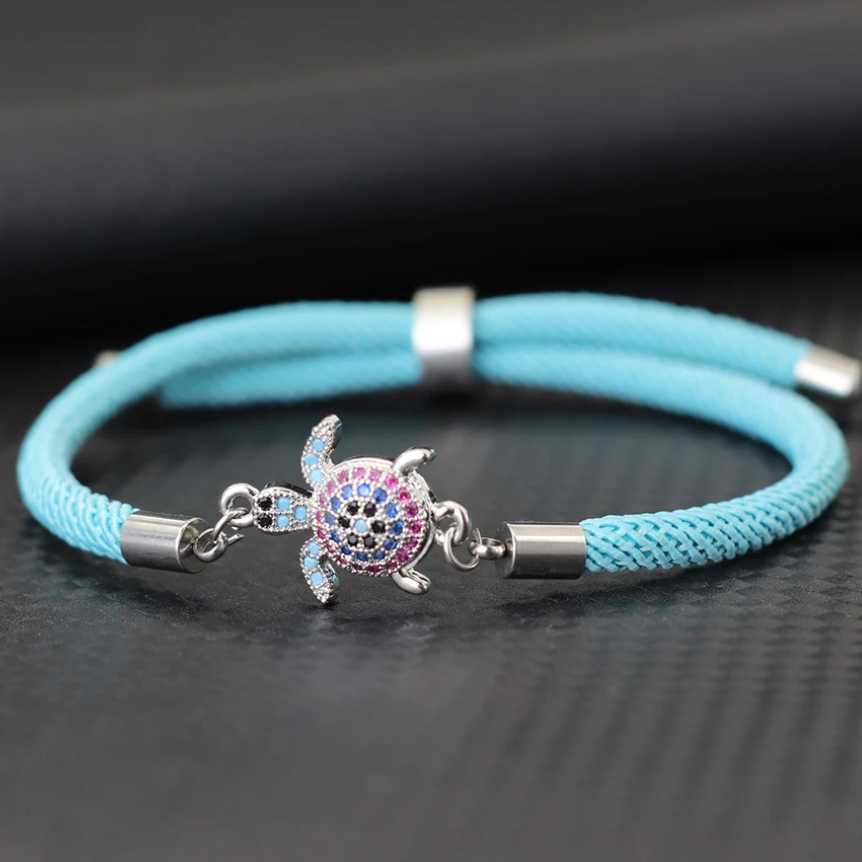 Pulseira Azul de Corrente de Corda Ajustável com Tartaruga