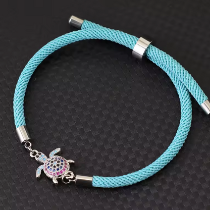 Pulseira Azul de Corrente de Corda Ajustável com Tartaruga