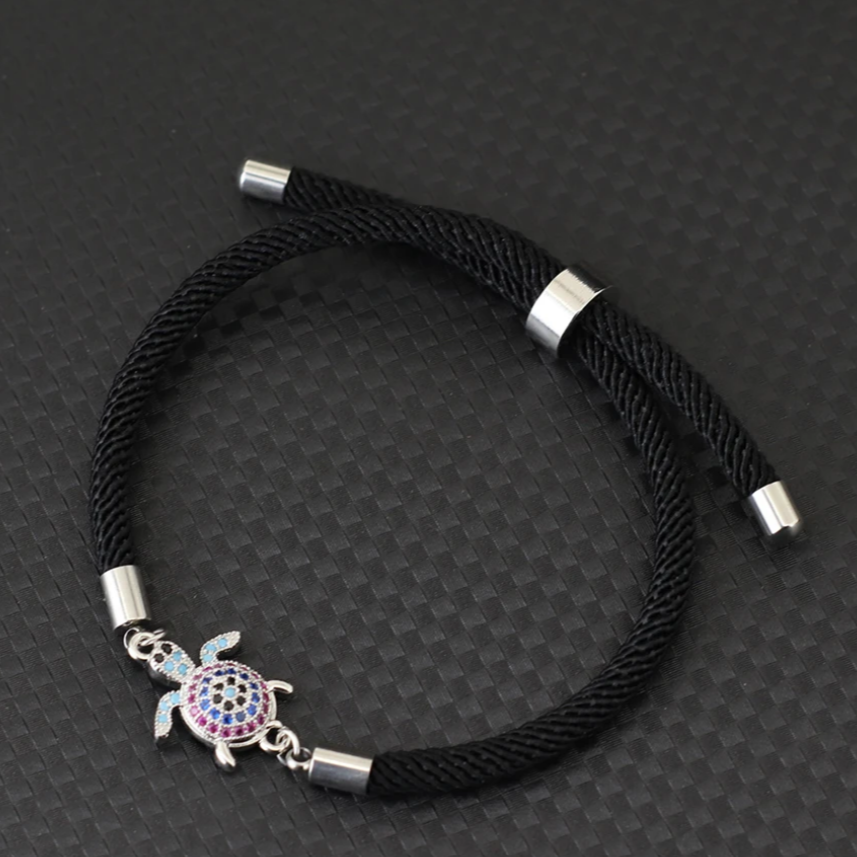 Pulseira Preta de Corrente de Corda Ajustável com Tartaruga