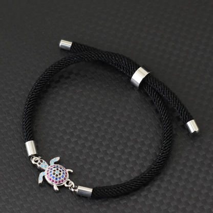 Pulseira Preta de Corrente de Corda Ajustável com Tartaruga