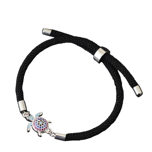 Pulseira Preta de Corrente de Corda Ajustável com Tartaruga