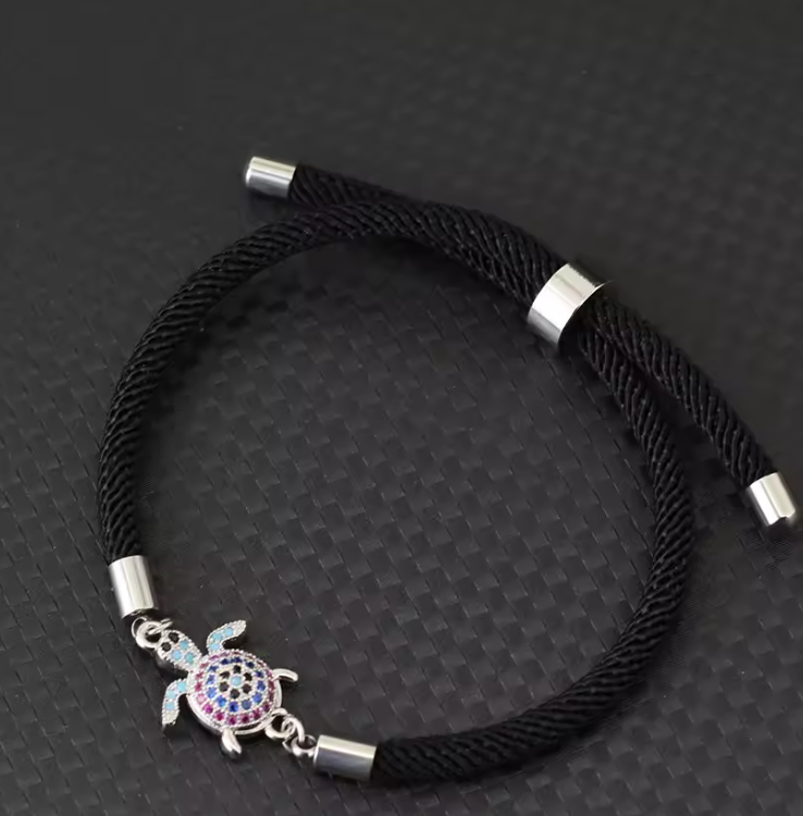 Pulseira Preta de Corrente de Corda Ajustável com Tartaruga