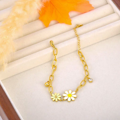 Pulseira de Senhora em Aço Inoxidável, Corrente Banhada em Ouro 18K, Malmequer