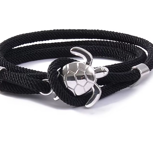 Pulseira de Corda Dupla Preta em cabo Milan, Pingente Tartaruga Prata
