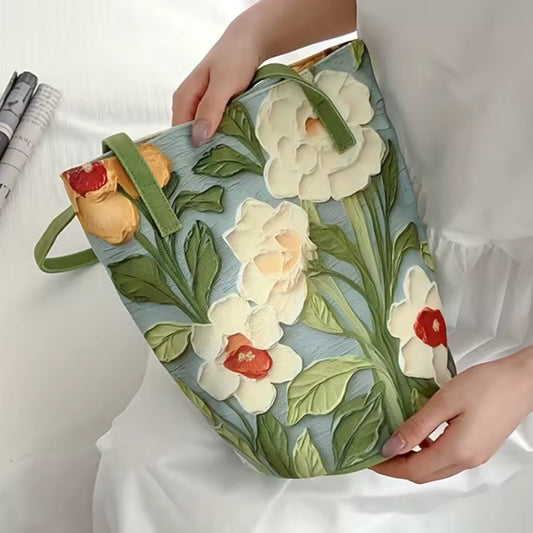Bolsa Tipo Balde Oxford Floral , Pintura a Óleo em Tons de Verde