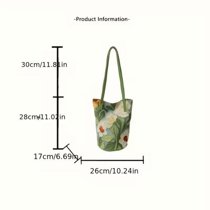 Bolsa Tipo Balde Oxford Floral , Pintura a Óleo em Tons de Verde