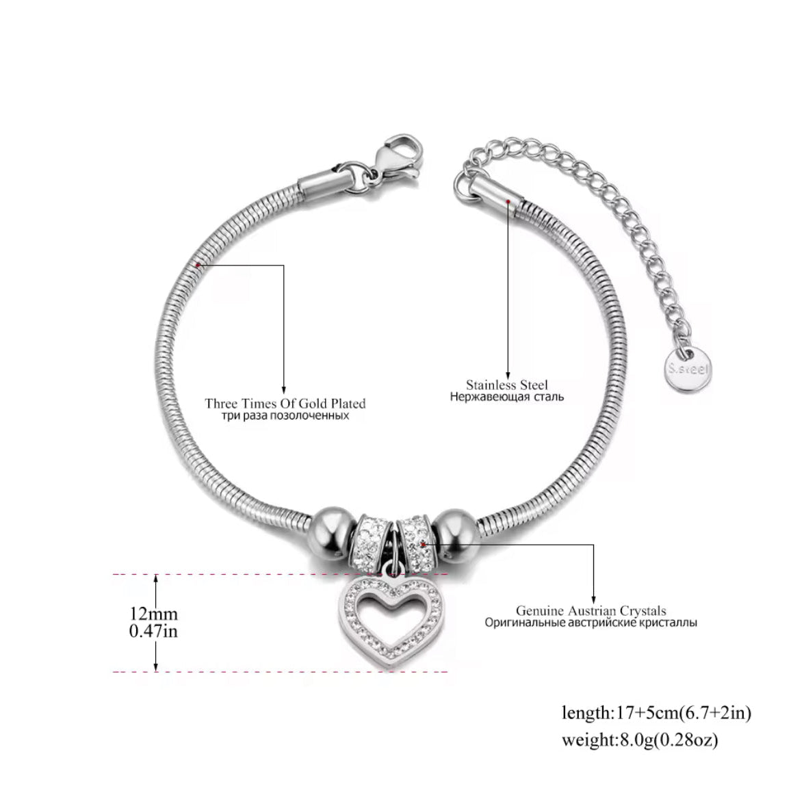 Pulseira de Senhora em Aço Inoxidável Banhado a Ouro 18K, Coração