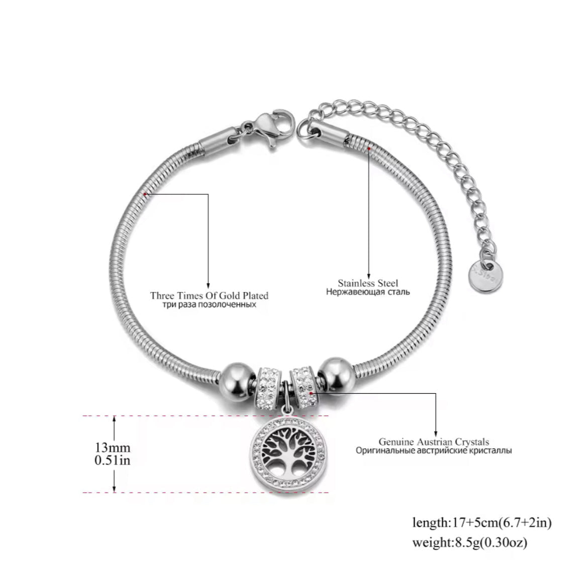 Pulseira de Senhora em Aço Inoxidável Banhado a Ouro 18K, Árvore da Vida