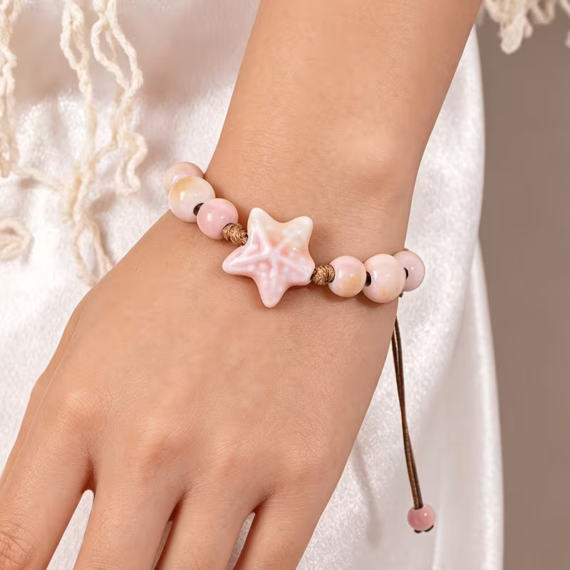 Pulseira Ajustável com Estrela-do-Mar Rosa – Estilo Boho | Mar e Vida