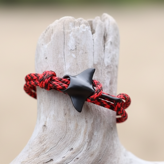 Inspirada na elegância e mistério da Arraia Manta, esta pulseira une a força do paracord vermelho e preto a um fecho único em formato de arraia.