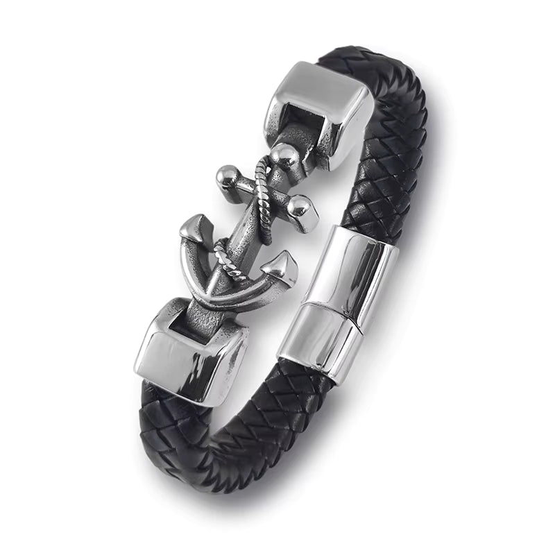 Pulseira Nautical Anchor em Couro Trançado e Aço  – O Ícone da Coleção Mar e Vida