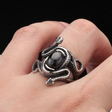 Bague pour homme en acier inoxydable, serpent onyx noir, taille 62