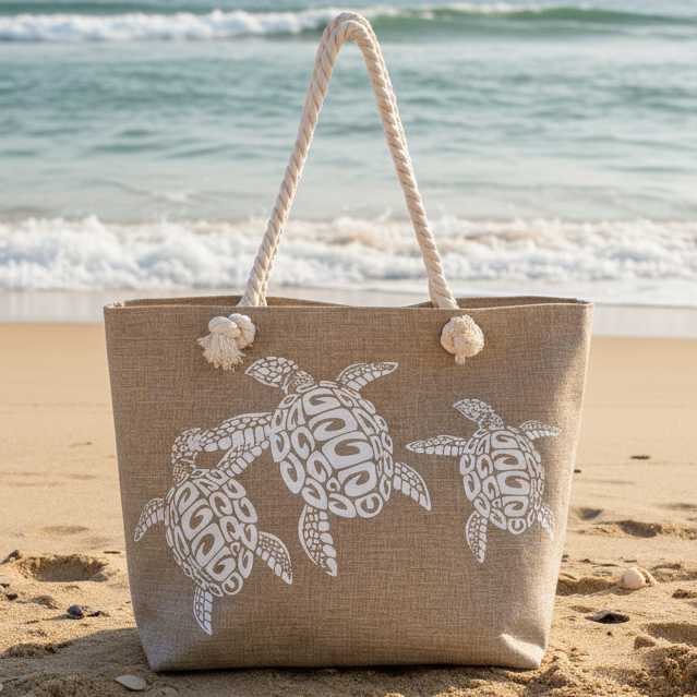 Saco de Praia "Sand & Turtles" – Estilo Rústico e Sofisticação Natural