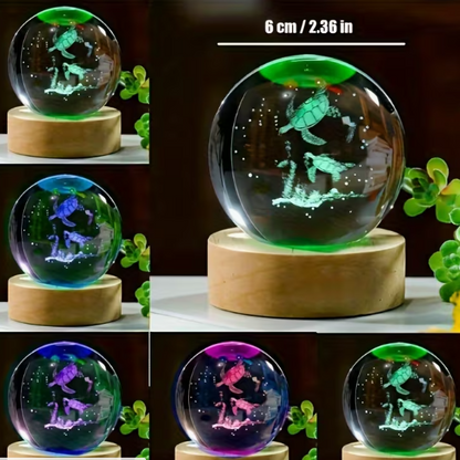 Luminária de Mesa 3D em Cristal K9 – Tartaruga Marinha com Base LED
