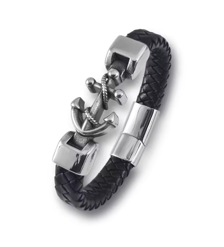 Pulseira de Homem em Couro Preto, Fecho em Aço Inoxidável com Âncora.