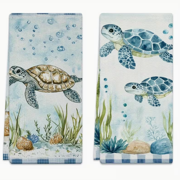 Estes panos de cozinha em microfibra apresentam ilustrações em aguarela de tartarugas marinhas, combinando um design artístico com a máxima funcionalidade.