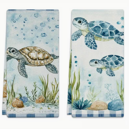 Estes panos de cozinha em microfibra apresentam ilustrações em aguarela de tartarugas marinhas, combinando um design artístico com a máxima funcionalidade.