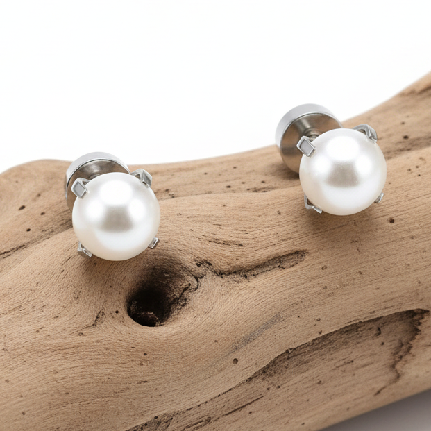 Pearl Stainless Steel Stud Earrings – Safety Screw Back