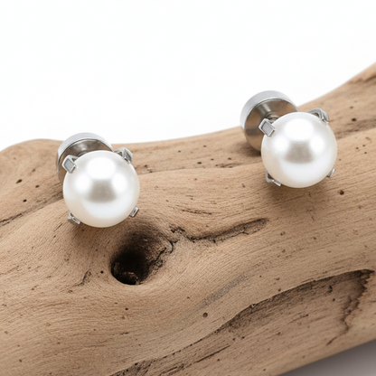 Pearl Stainless Steel Stud Earrings – Safety Screw Back